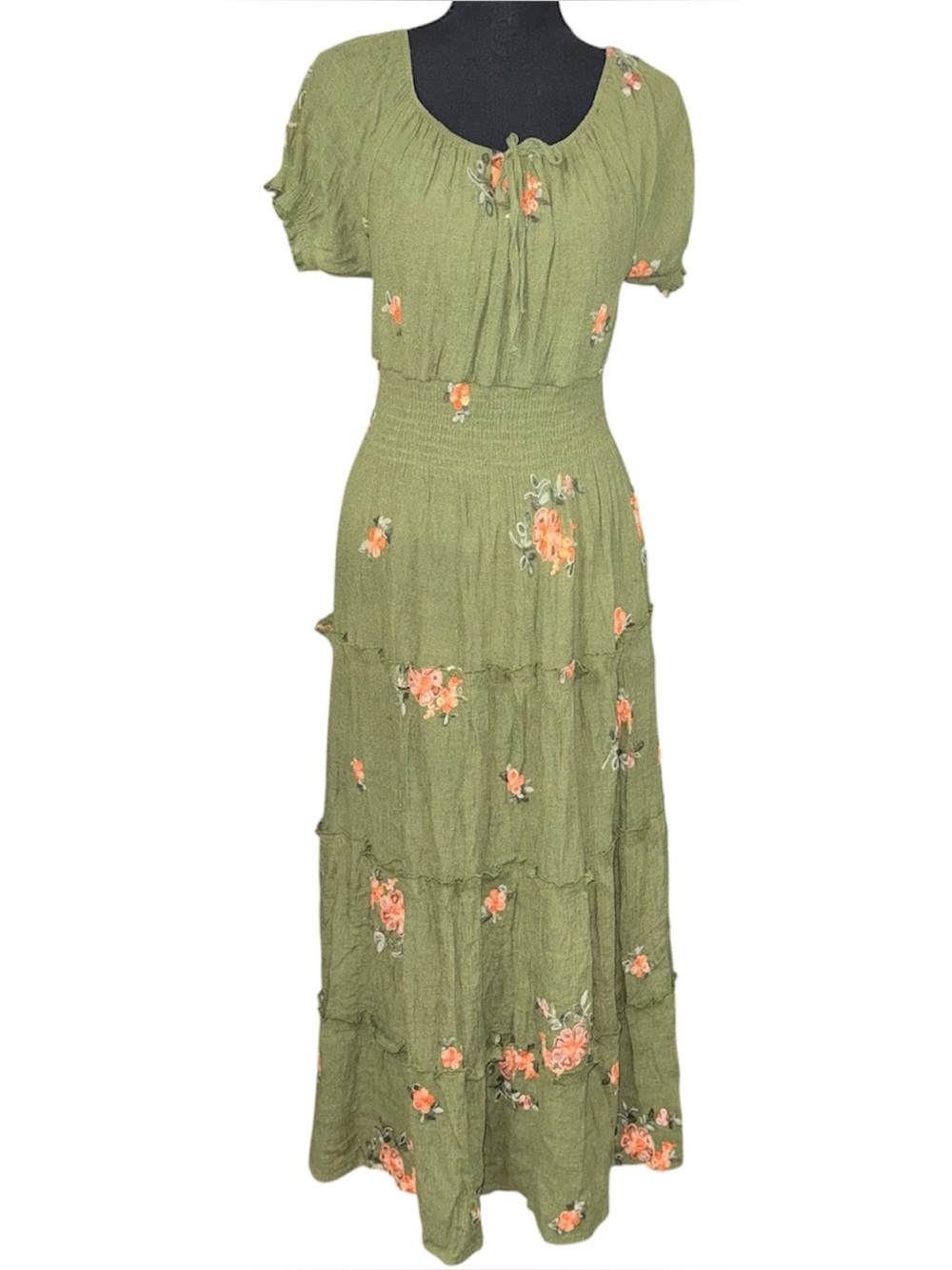Anthropologie Kindred Maxi Dress PM Green Floral Embroidered Boho Peasant Fairy